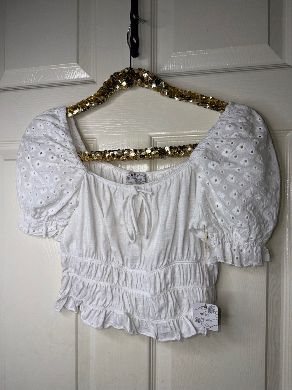 White Puff-Sleeve Eyelet Crop Top with Shirred Waist